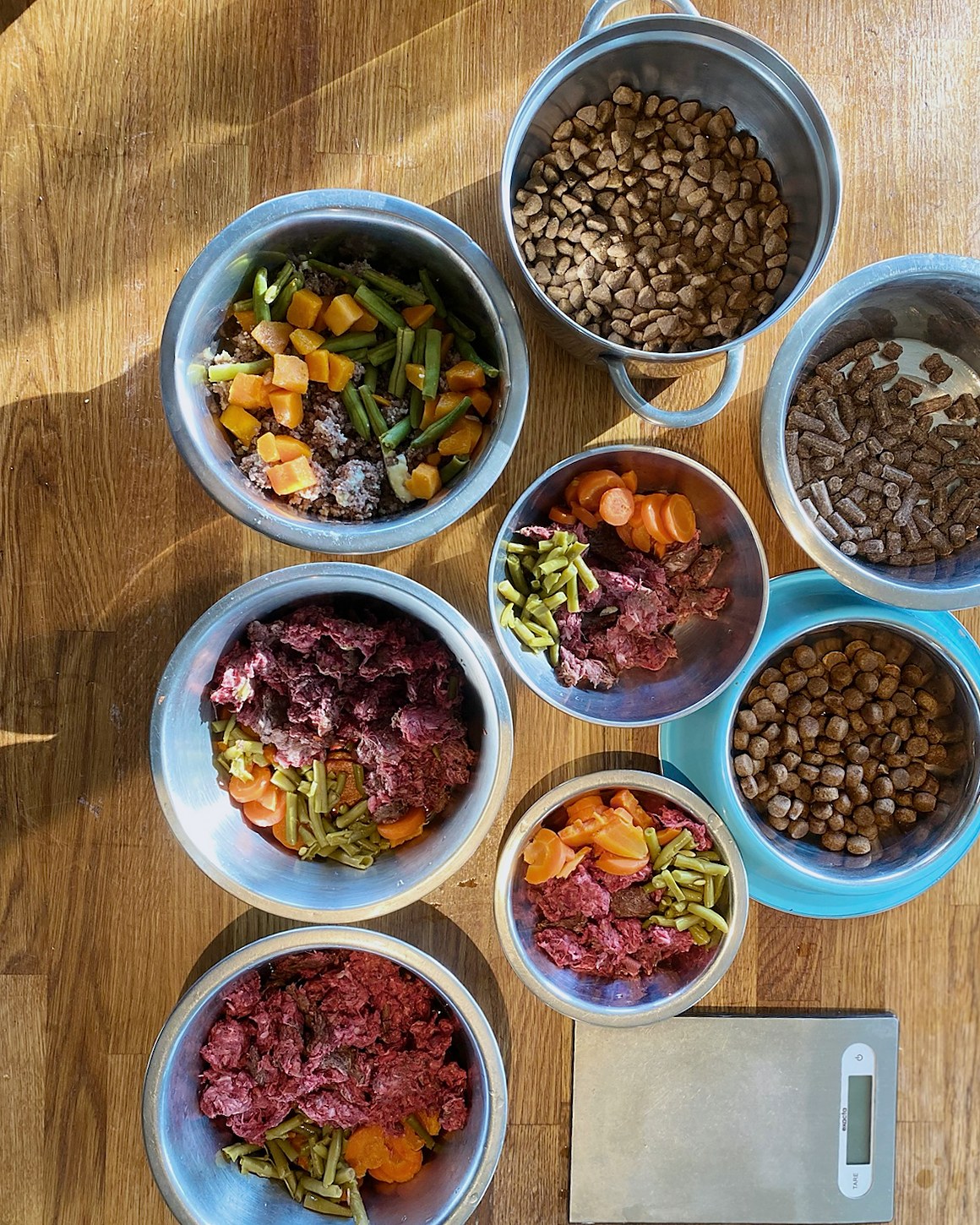 Acht afzonderlijke voerbakken met verschillende porties hondenvoeding en een recht uitgelijnde weegschaal voor voorbereiding per hond