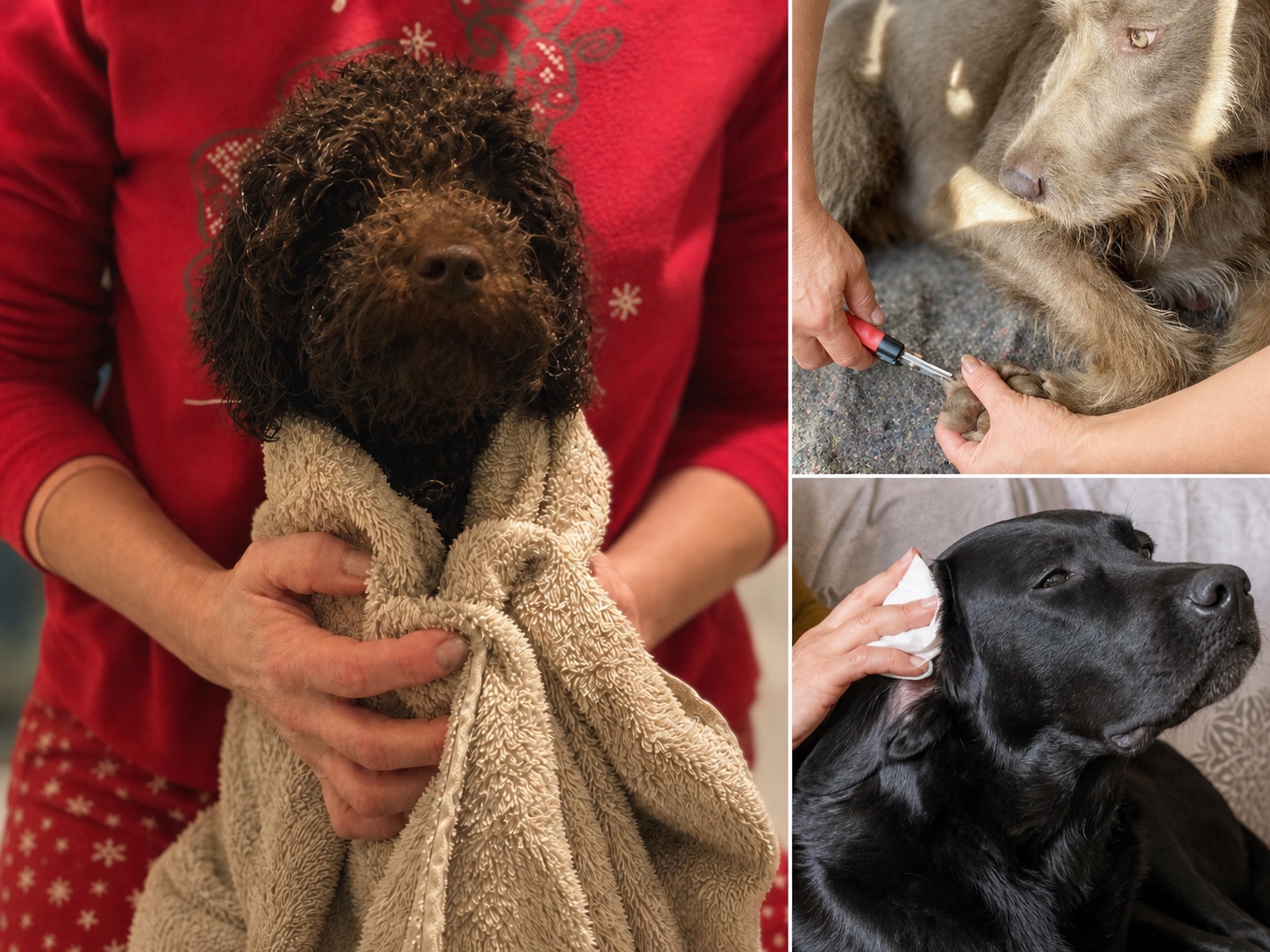 Drieluik: een hond wordt met een handdoek gedroogd, de nagels worden geknipt en een oor wordt schoongemaakt